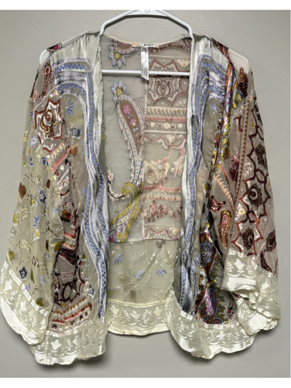 Anthropologie Floreat Silk Satin Paisley Patchworks Lace Kimono Cardigan Top OS